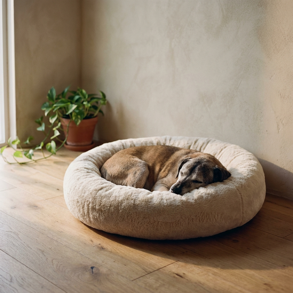 Senior rescue dog asleep on the Pawse Cloud Bed donut bed in soft golden window light