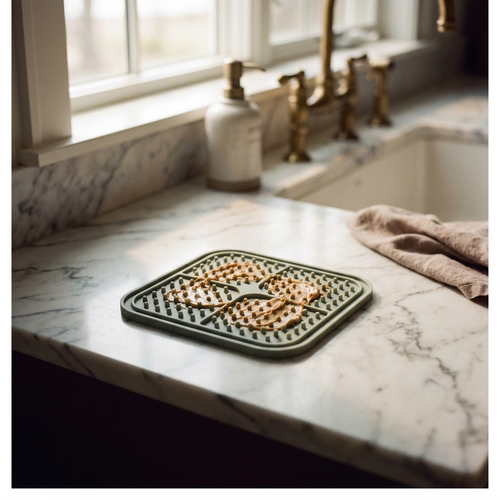 Pawse Lick Mat stress-relief silicone slow feeder with peanut butter on marble counter