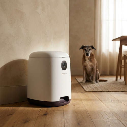 Pawse Smart Feeder minimalist Wi-Fi auto-feeder in sunlit oak-floored dining room