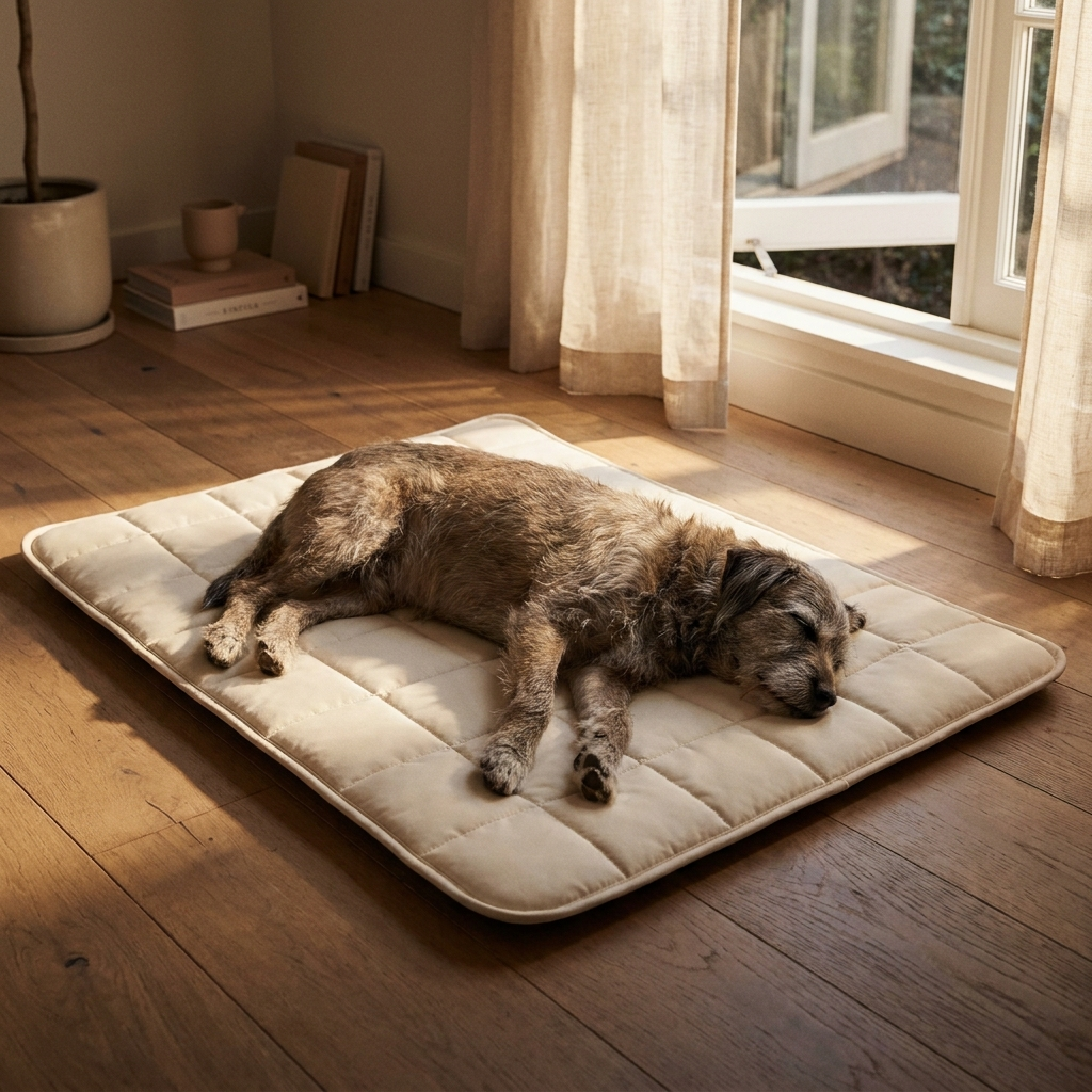 Pawse Cool Mat cream cooling gel mat with senior rescue dog asleep by window